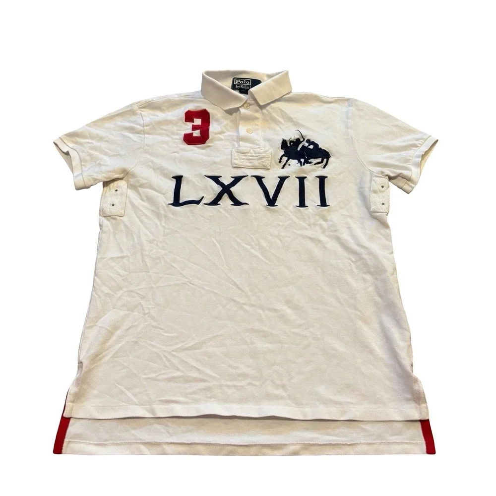 Polo Ralph Lauren Mens White Big Pony LXVII Custom Fit Polo Shirt Size M 3 Patch